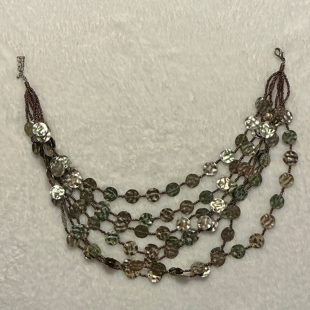 Statement Necklace with Bronze, Gold, and Green Discs, Bronze Beads.